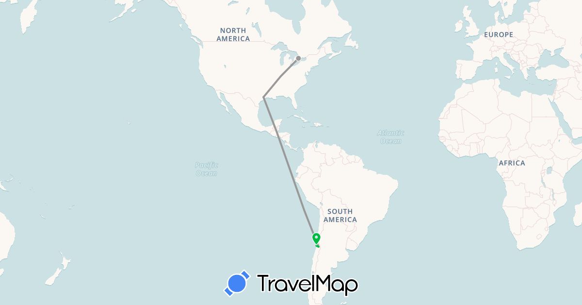 TravelMap itinerary: bus, plane in Canada, Chile, United States (North America, South America)